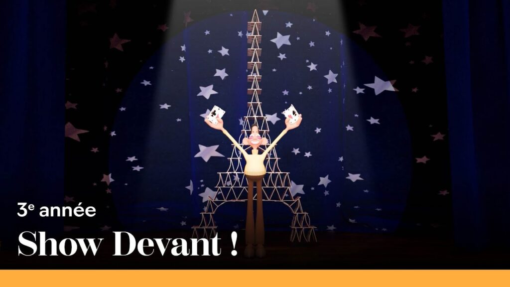Miniature d'un court-métrage d'animation Show Devant, un personnage devant un château de cartes en forme de Tour Eiffel