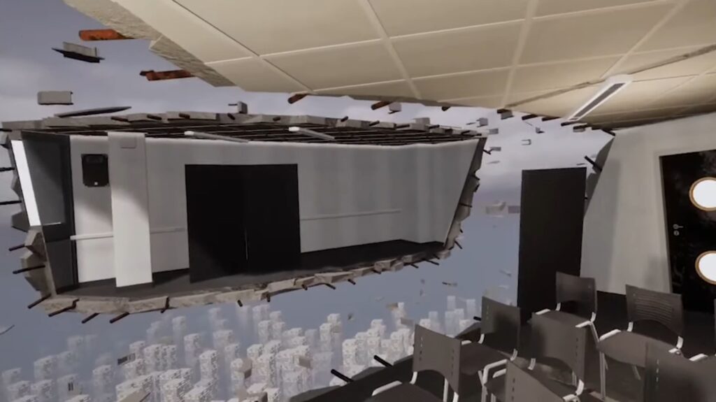 Image extraite du jeu Vertigo, un bâtiment se déchire en deux