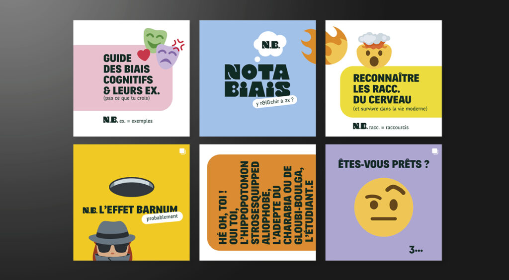 Planche de design composée de visuels et messages typographiques
