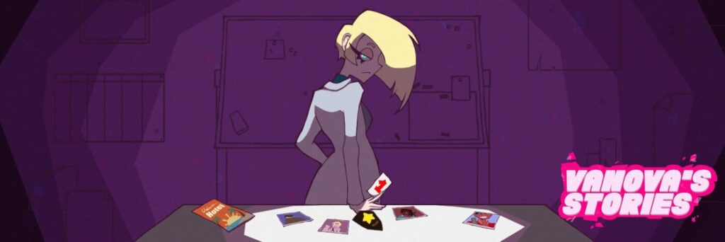 Illustration stylisée d’un personnage assis sur un bureau, fond violet
