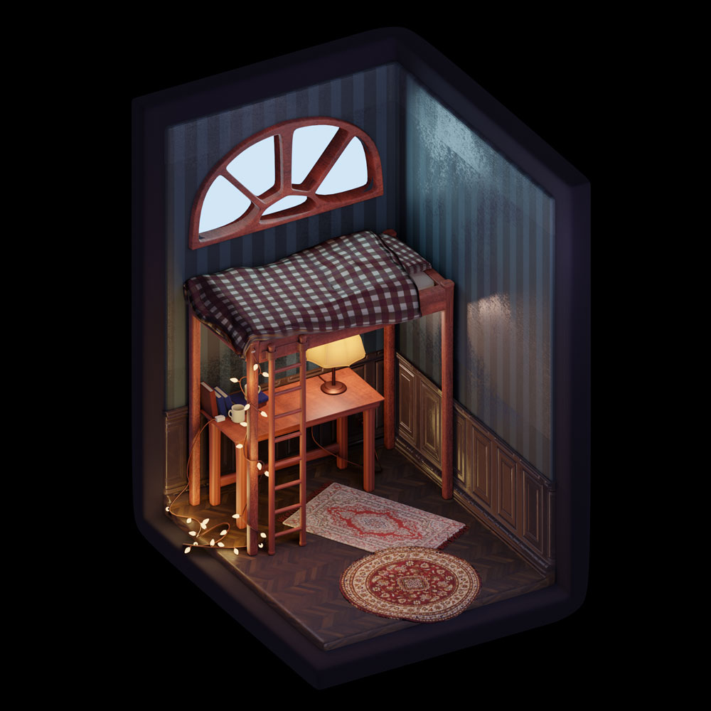 Diorama d'une chambre cozy avec un lit en hauteur