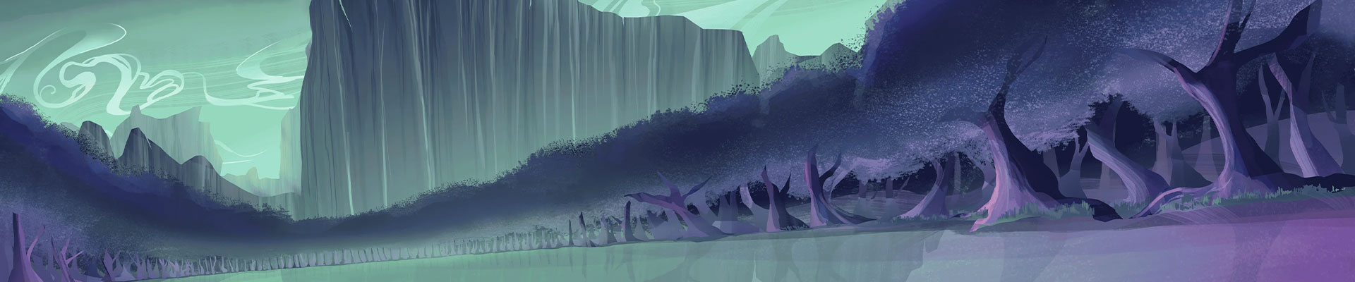 Décor avec un lac entouré d'une forêt et de montagne dans les tons violet et vert
