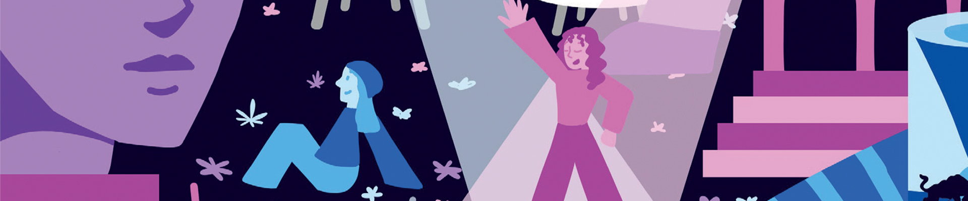 Illustration bleue et violette avec des personnages faisant la fête