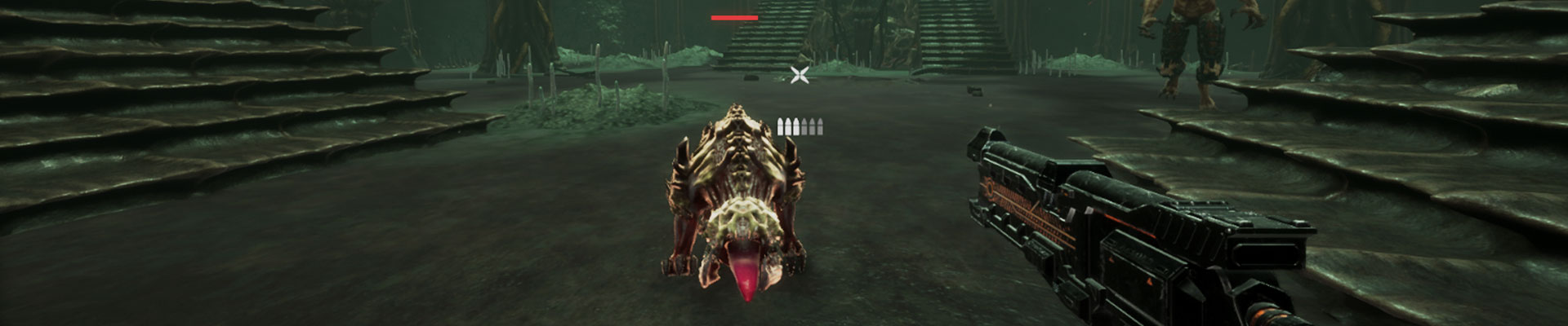 Personnage affrontant une créature dans un environnement sombre, avec une arme en main, dans une scène de jeu vidéo.