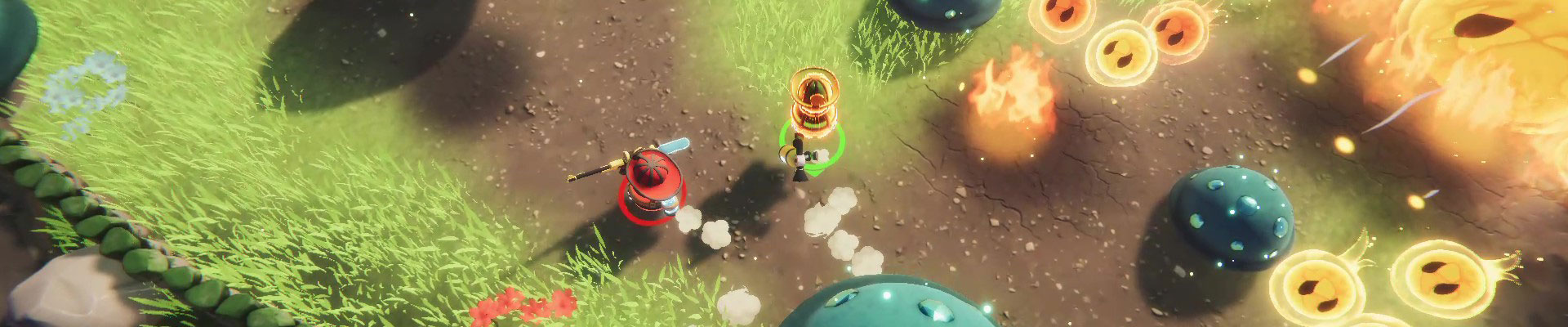 Jeu vidéo, vu de haut sur les personnages qui combattent des boules de feu