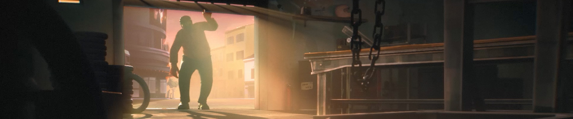 Extrait d'un film d'animation où un personnage à contre-jour entre dans un garage sombre