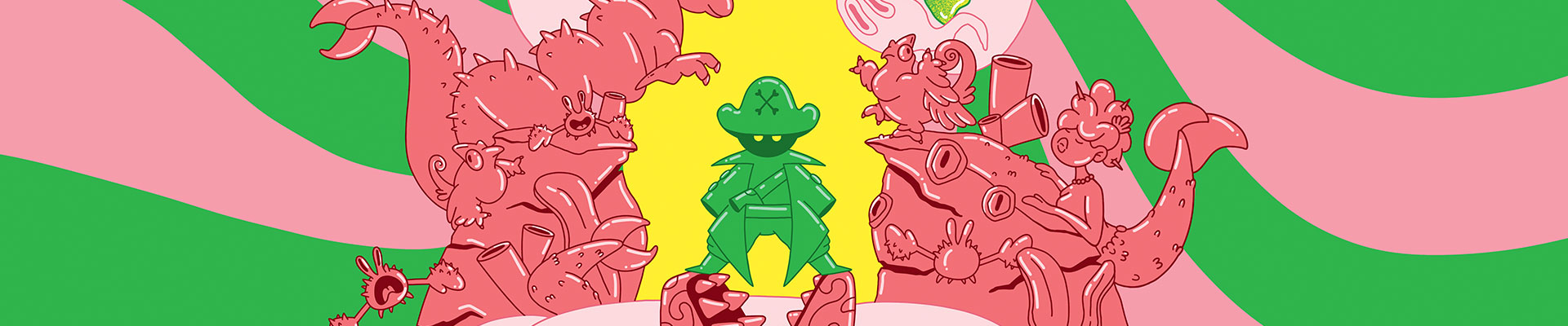 Illustration rose et verte avec un pirate vert encerclé par des créatures roses