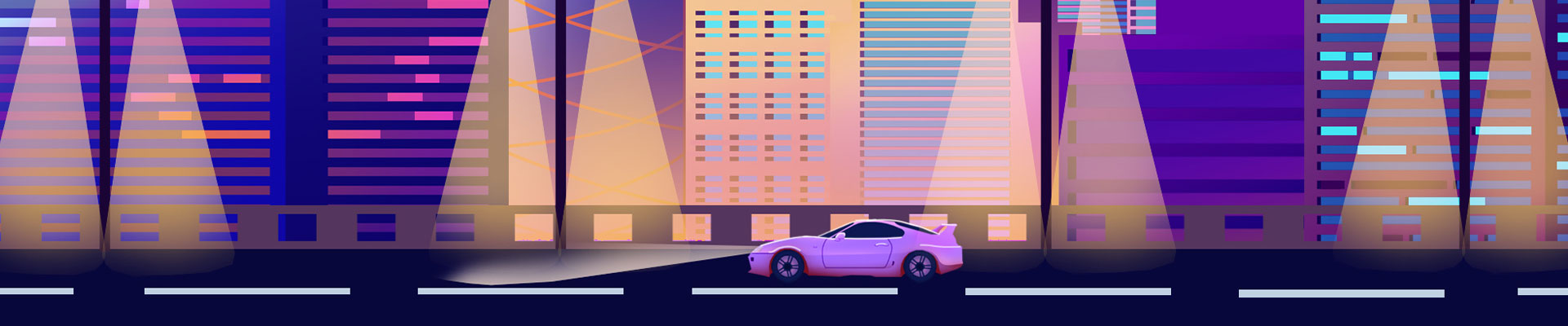 Illsutration en 2D d'une route avec une voiture qui traverse une ville avec des gratte-ciels