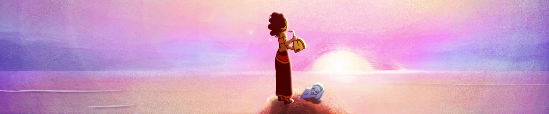 Personnage féminin debout face au lever du soleil sur un paysage marin, dans une scène d’animation poétique