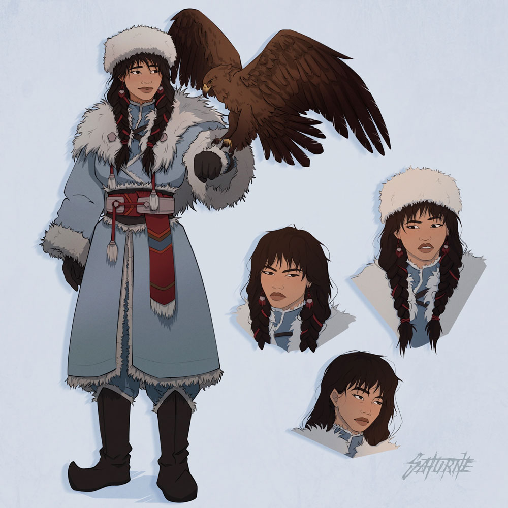 Charadesign d'une jeune fille avec un oiseau