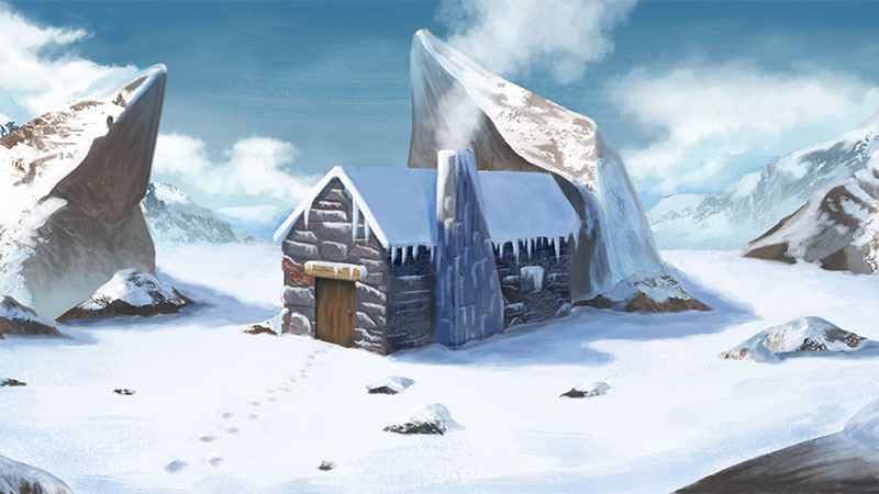 Petit chalet dans la montagne au milieu de la neige