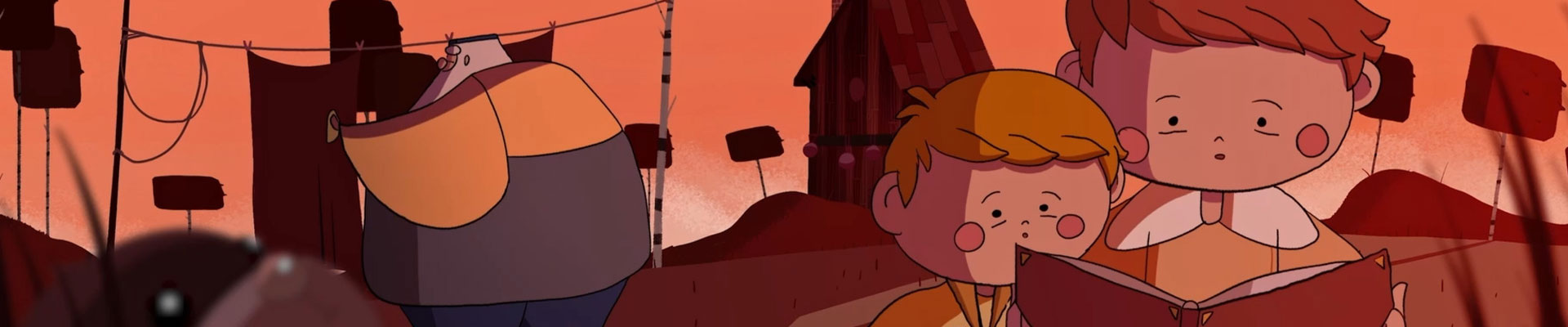 Scène d’animation stylisée avec deux enfants lisant un livre dans une ambiance orangée