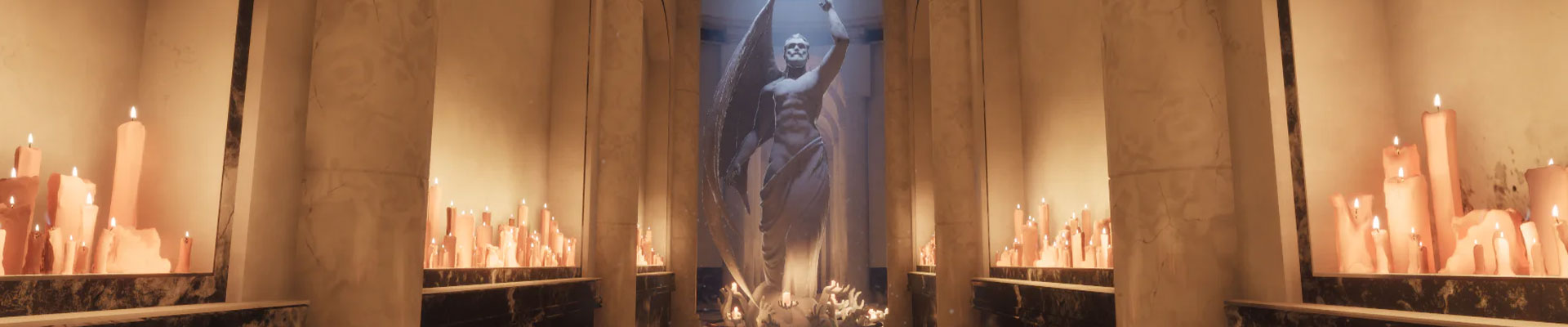 Scène de jeu vidéo avec une statue ailée éclairée à la bougie dans un intérieur monumental