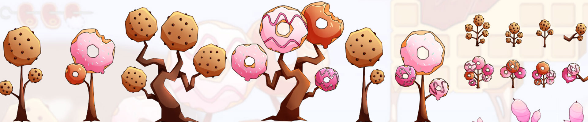 Concept art de petits arbres en forme de donuts et de décor végétal stylisé