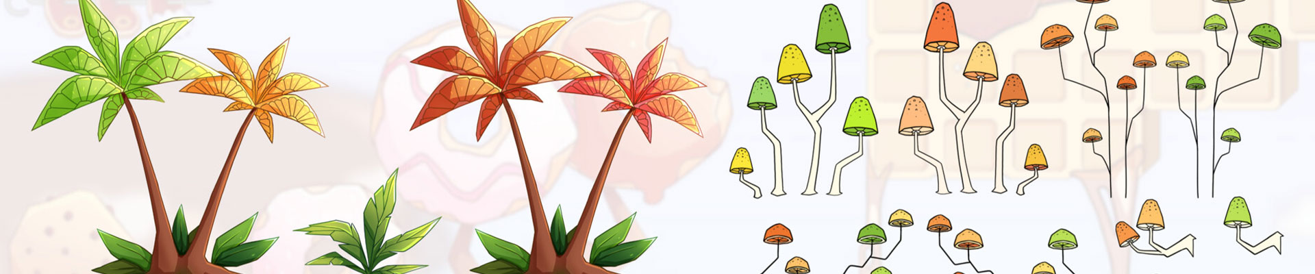 Illustration stylisée d’arbres et de champignons colorés dans un univers de game art