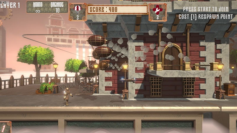 Capture écran d'un jeu vidéo, ville avec des bâtiments en brique