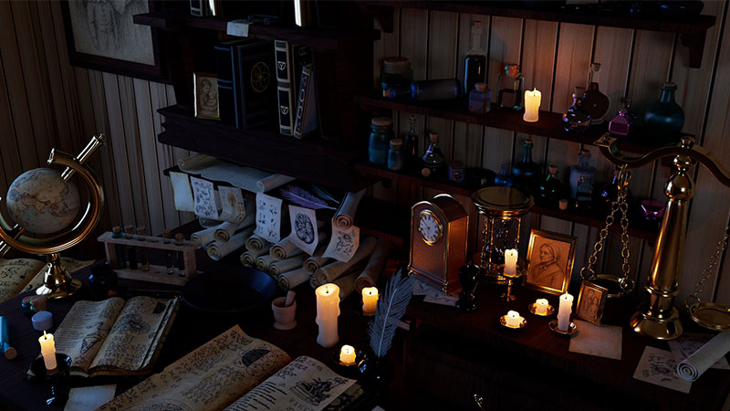 Scène d’atelier sombre avec étagères d’objets, parchemins et multiples bougies allumées sur un bureau chargé