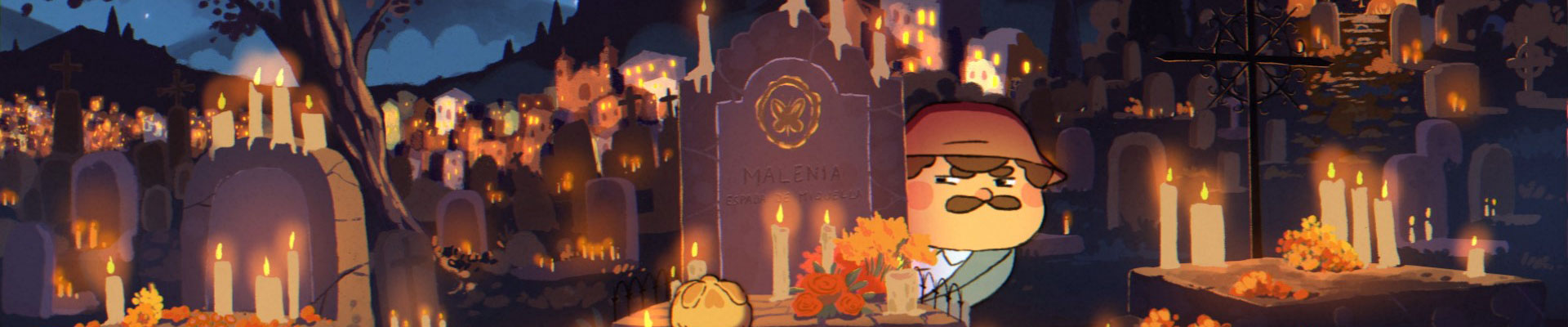 Scène animée nocturne dans un cimetière éclairé par des bougies, avec un personnage derrière une tombe