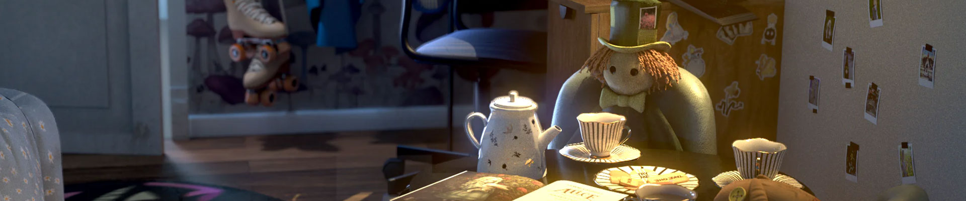 Scène 3D chaleureuse avec une table décorée, une théière et des objets stylisés.