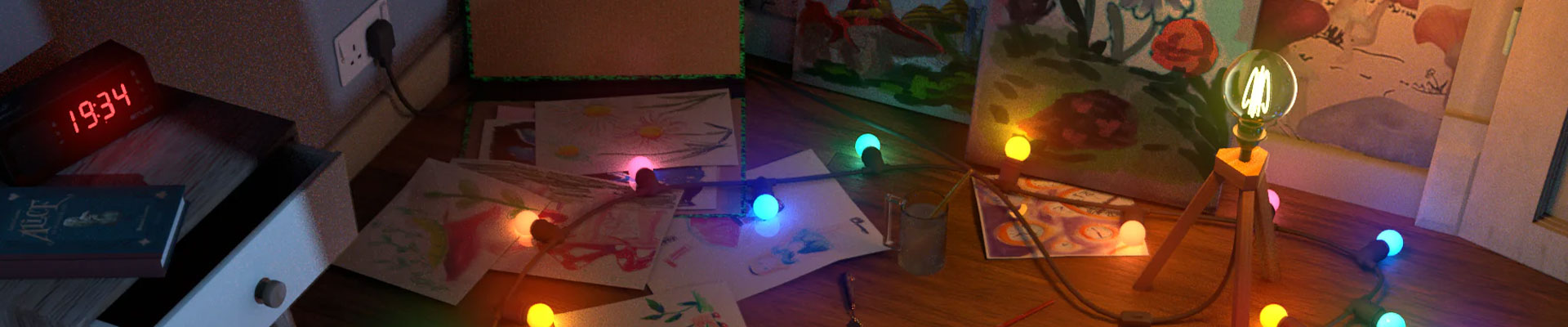 Bureau créatif avec dessins, guirlande lumineuse et ambiance de travail artistique