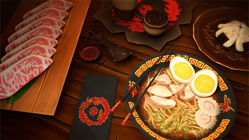 Modélisation d'un repas asiatique avec de la vainde, des ramens