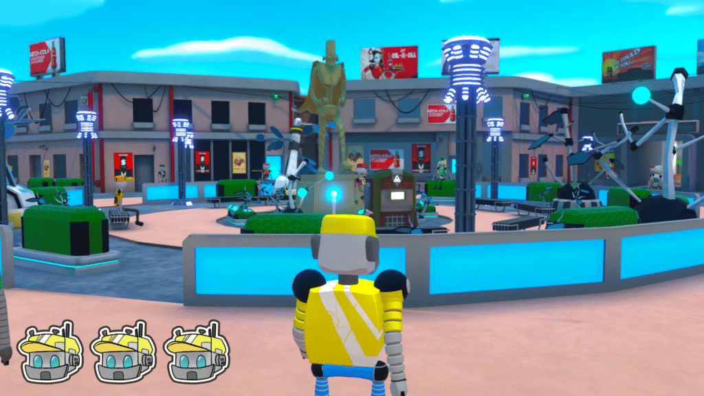 Capture d'écran d'un jeu vidéo avec un robot dans une ville futuriste
