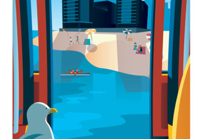 Projet étudiant e-artsup Strasbourg imaginant la Presqu’île André Malraux comme une station balnéaire futuriste à travers une affiche illustrée colorée.