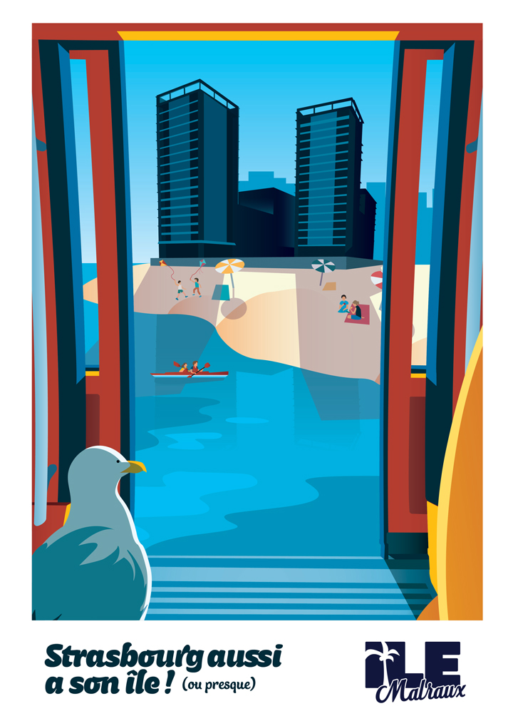 Projet étudiant e-artsup Strasbourg imaginant la Presqu’île André Malraux comme une station balnéaire futuriste à travers une affiche illustrée colorée.