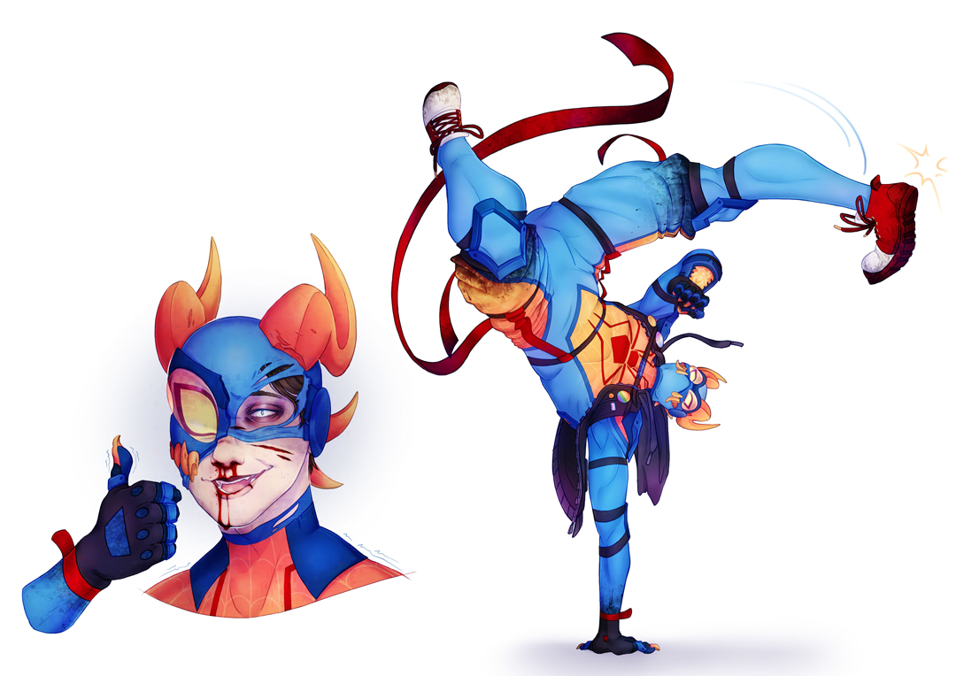 Personnage de super-héros stylisé inspiré de Spider-Verse réalisant une figure acrobatique dans un concept art de character design coloré.