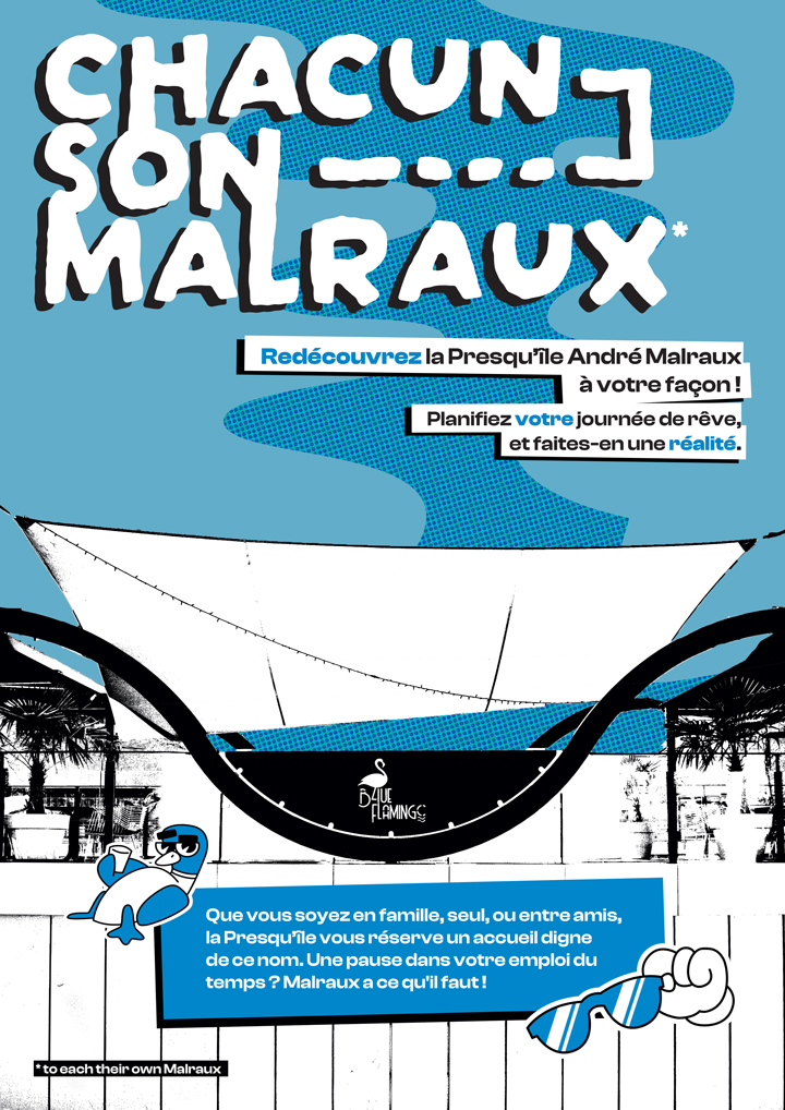 Campagne visuelle pop et graphique imaginée par les étudiants d’e-artsup Strasbourg pour promouvoir la Presqu’île André Malraux à travers une direction artistique immersive.