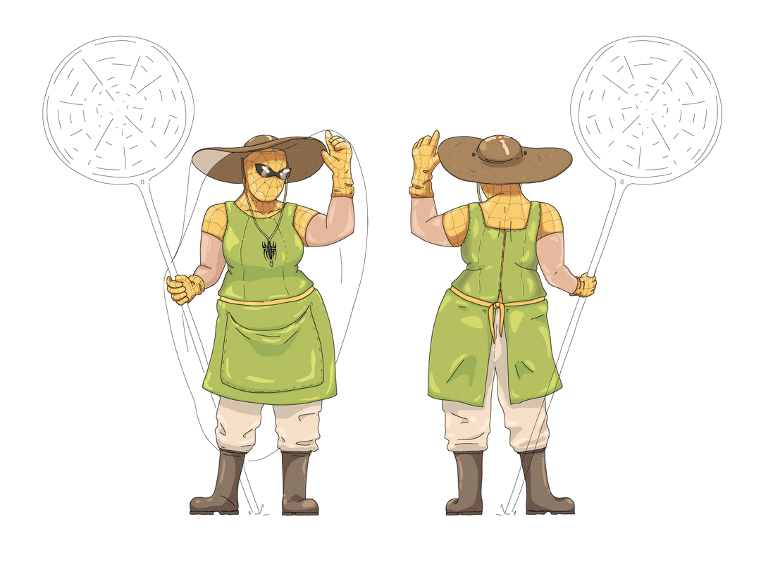 Concept art d’un personnage Spider-Verse en tenue de jardinier tenant un filet à insectes, présenté de face et de dos.