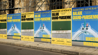 Affiches urbaines collées sur un mur, style campagne graphique