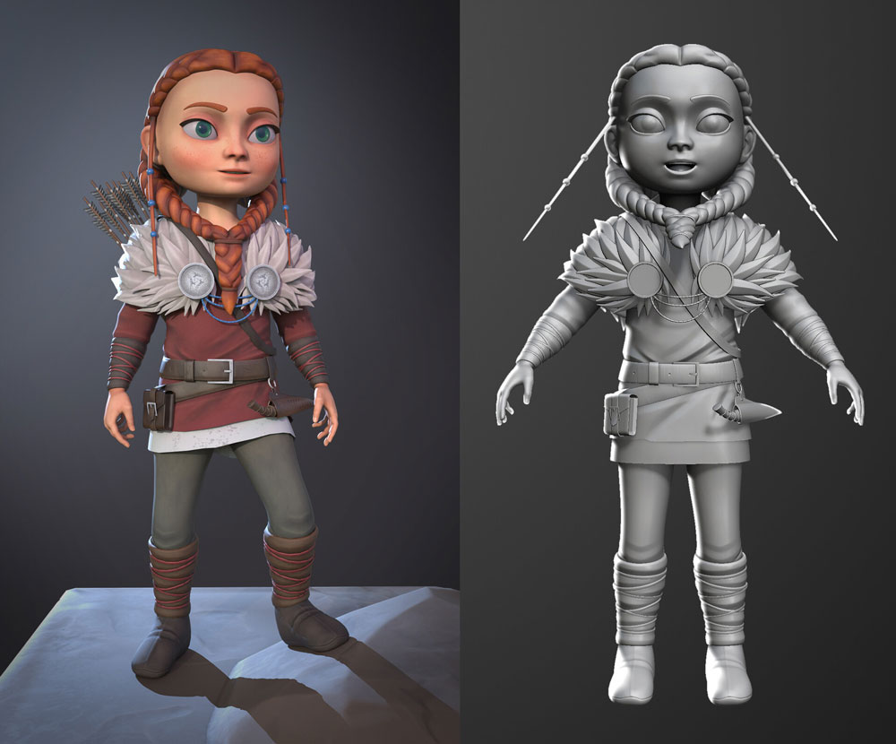 Modélisation 3D d'un personnage avec des vêtements chauds et des flèches