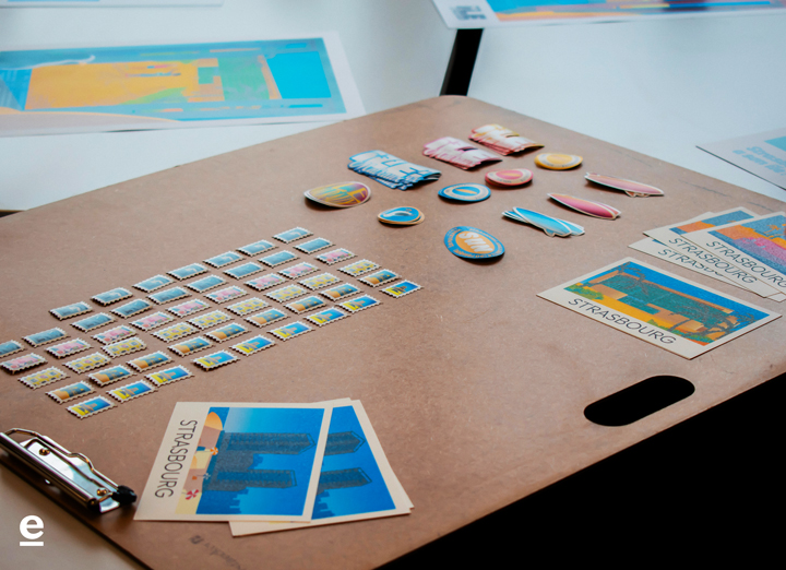 Supports imprimés, badges et créations graphiques réalisés par les étudiants d’e-artsup Strasbourg pour valoriser la Presqu’île André Malraux.