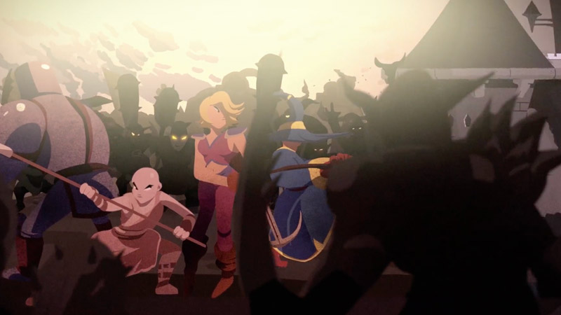 Scène de combat avec groupe de personnages dans une ambiance colorée