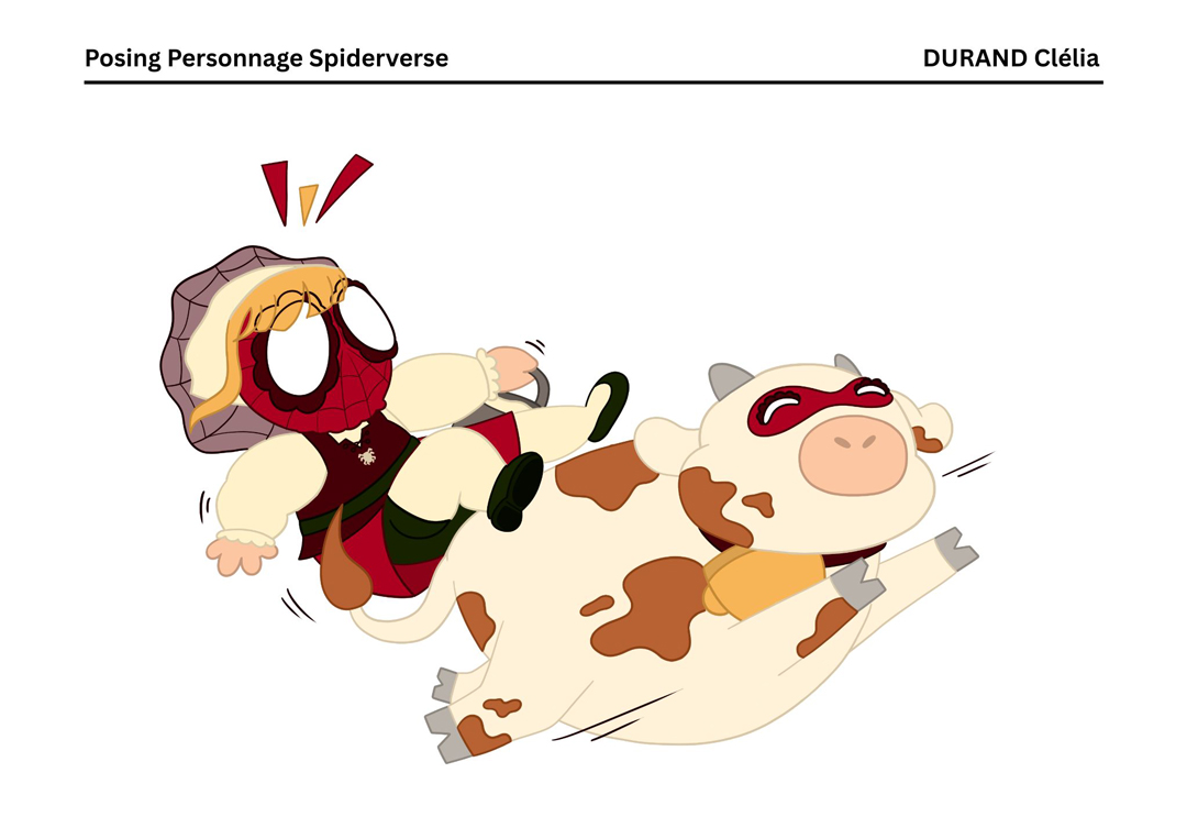 Illustration humoristique d’un personnage inspiré de Spider-Verse tombant d’une vache dans un style cartoon dynamique.