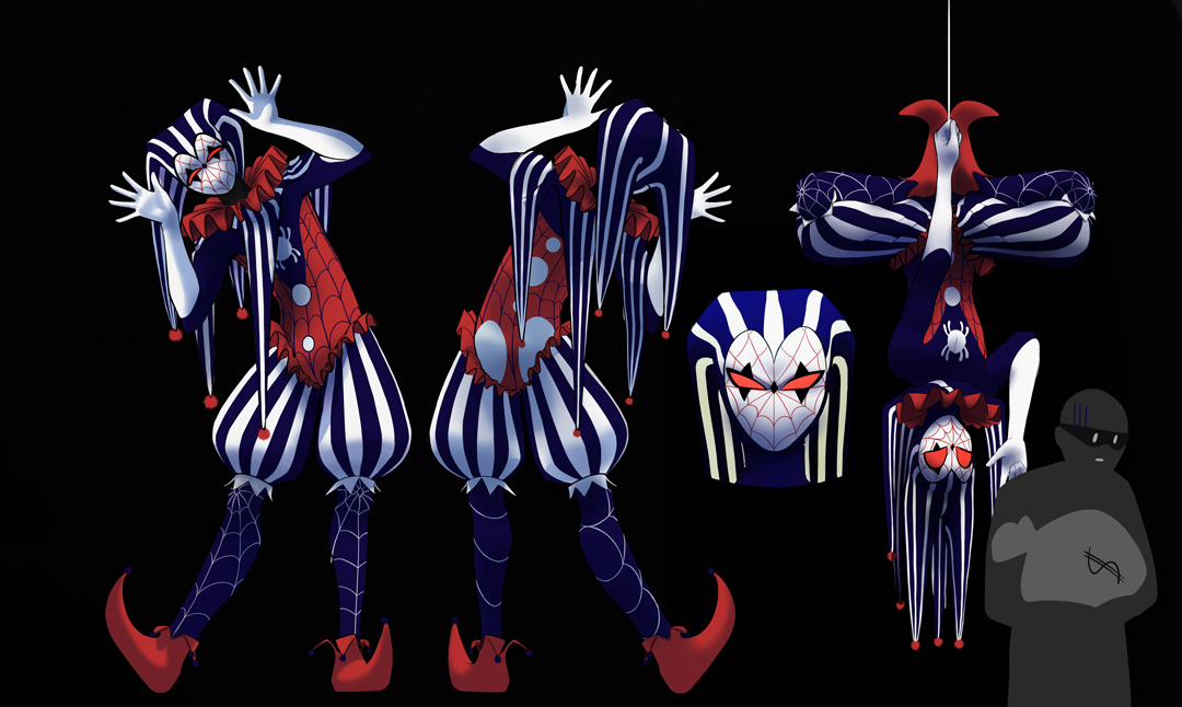 Design de personnage Spider-Verse au style clown gothique avec costume rayé et masque d’araignée sur fond noir.
