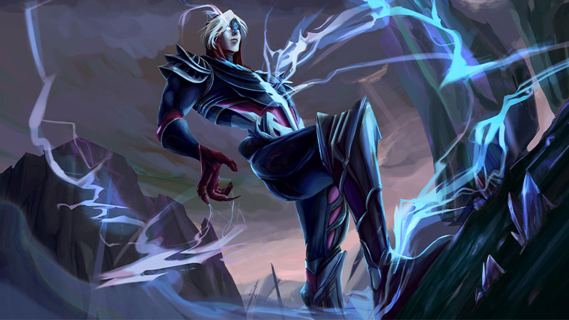 Illustration fantasy d’un personnage en armure bleue entouré d’éclairs