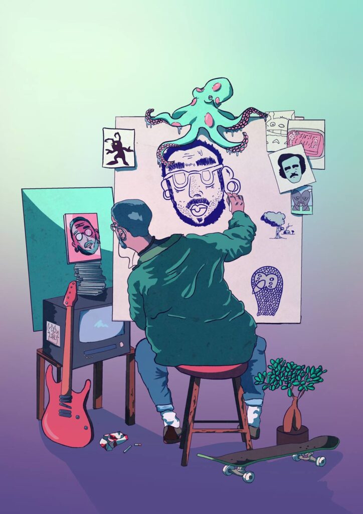 Illustration d'un personnage entrain de réalisé son autoportrait sur un tableau sur un chevalet, entouré d'un guitare, d'un miroir et d'un skate