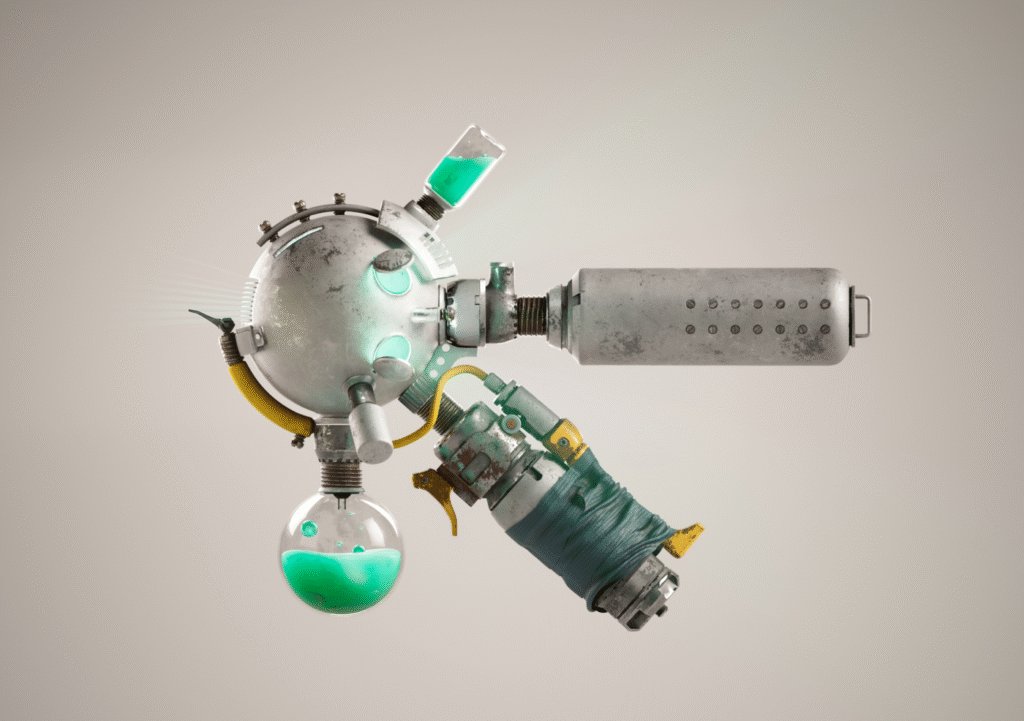 Maquette 3D d’un objet technique ou robotisé sur fond blanc.