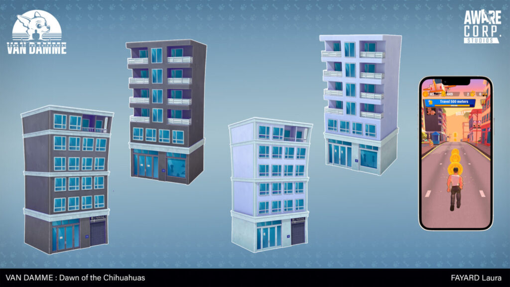 Immeubles stylisés en 3D sur fond neutre
