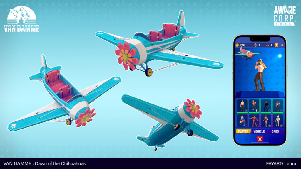 Avion coloré en 3D dans le ciel sur fond bleu