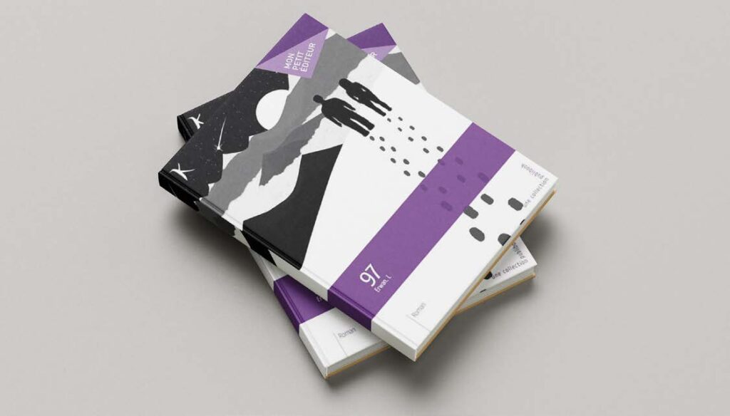 Maquette de packaging d'un livre avec motif noir, blanc et violet