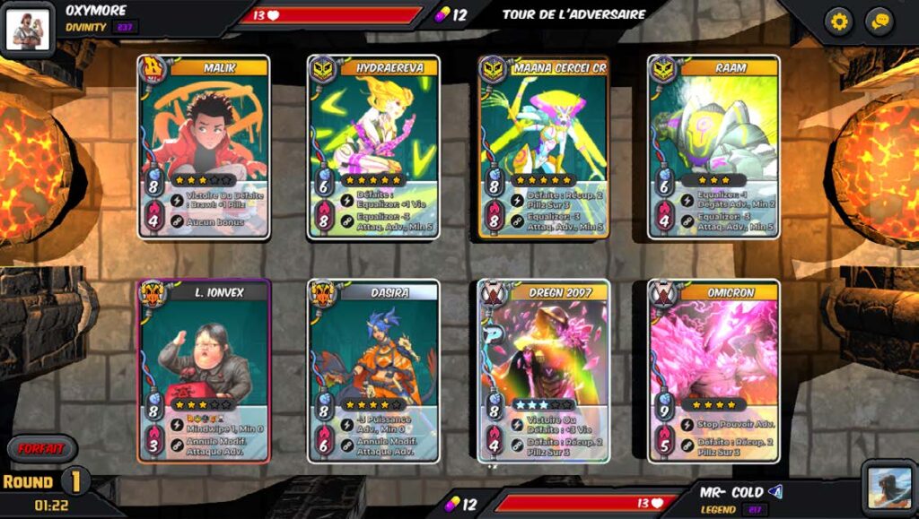 Interface de jeu vidéo affichée avec des cartes