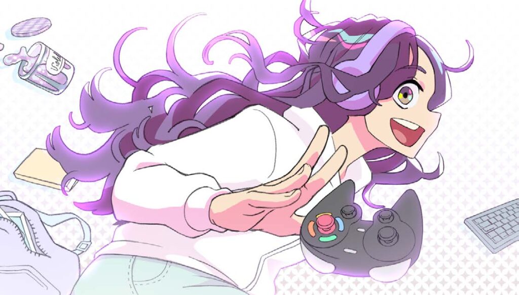 Illustration d’un personnage avec cheveux violets et ambiance onirique