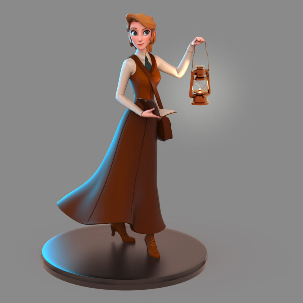 Modélisation 3D d'une femme en longue jupe avec un lanterne et un carnet dans la main