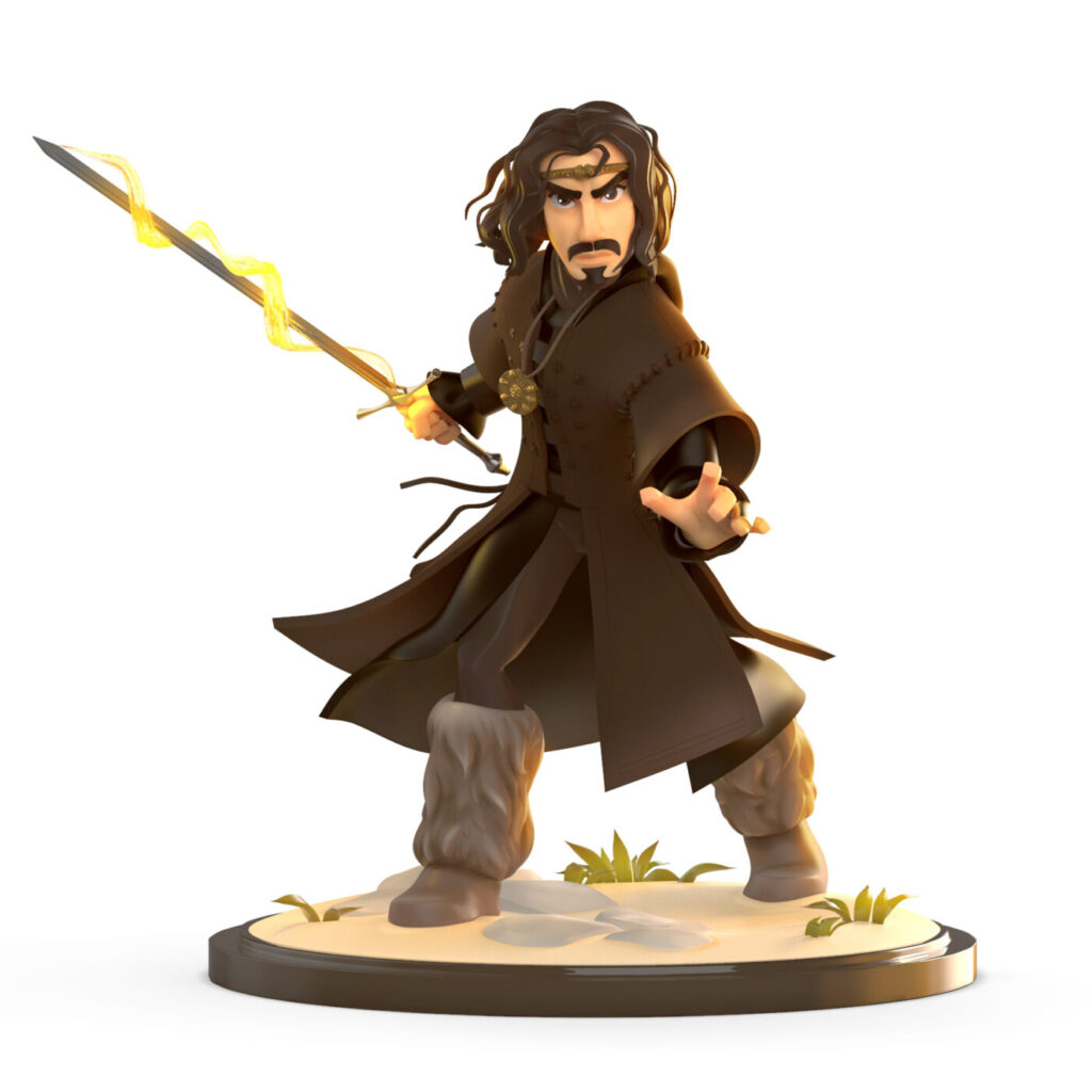 Modélisation 3D d'un homme inspiré de la série Kaamelott avec une épée en feu dans la main