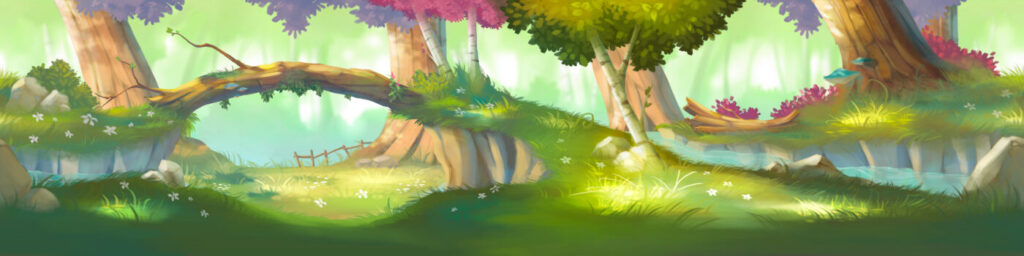 Paysage illustré coloré avec forêt lumineuse, arbres stylisés et ambiance féerique.