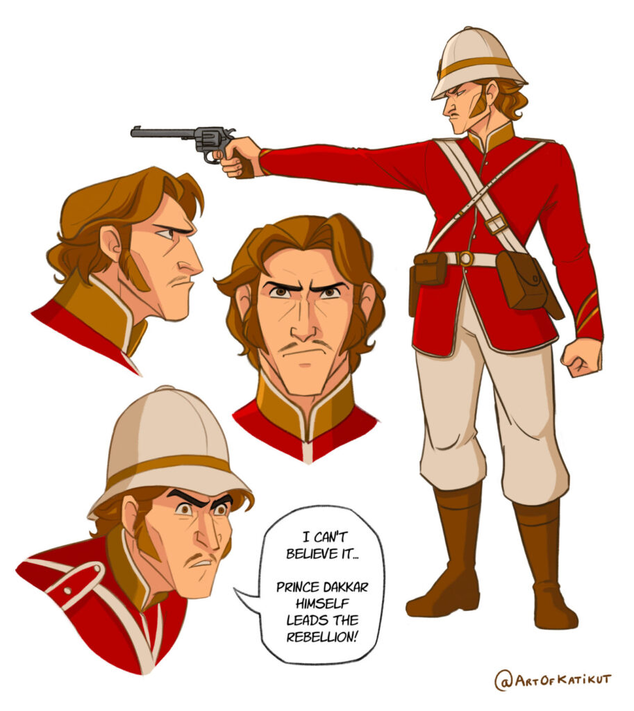 Planche de charadesign d'un soldat en uniforme rouge