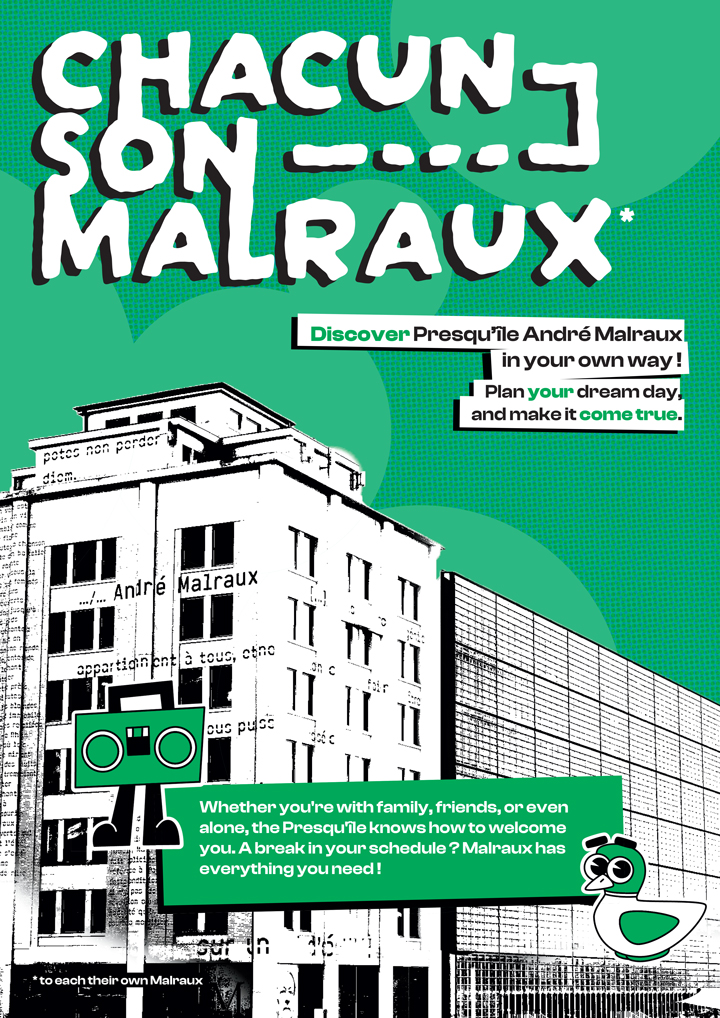 Affiche minimaliste “Métamorphose” créée par les étudiants d’e-artsup Strasbourg pour réinventer la Presqu’île André Malraux à travers une expérience sensorielle.